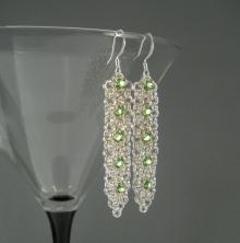 Chain Maille Ribbon Earrings in Peridot Green Swarovski Crystal